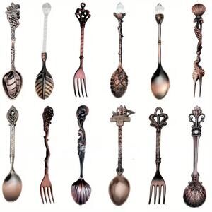 12Pcs Vintage Style Copper Mini Spoons & Forks Set – For Coffee, Dessert, Tea